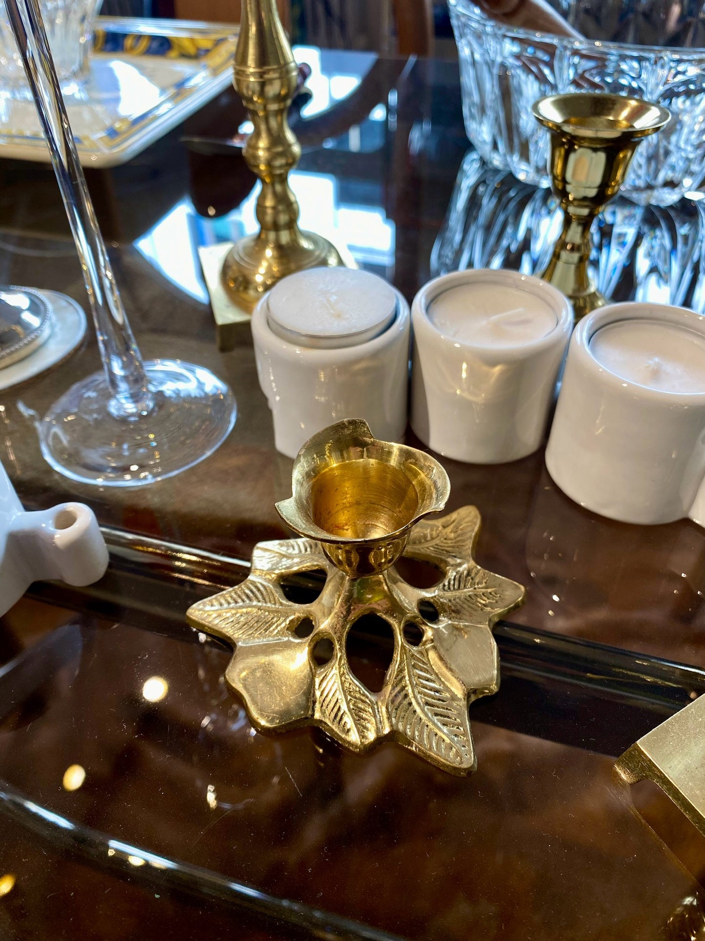 Bougeoir en laiton vintage motif végétal