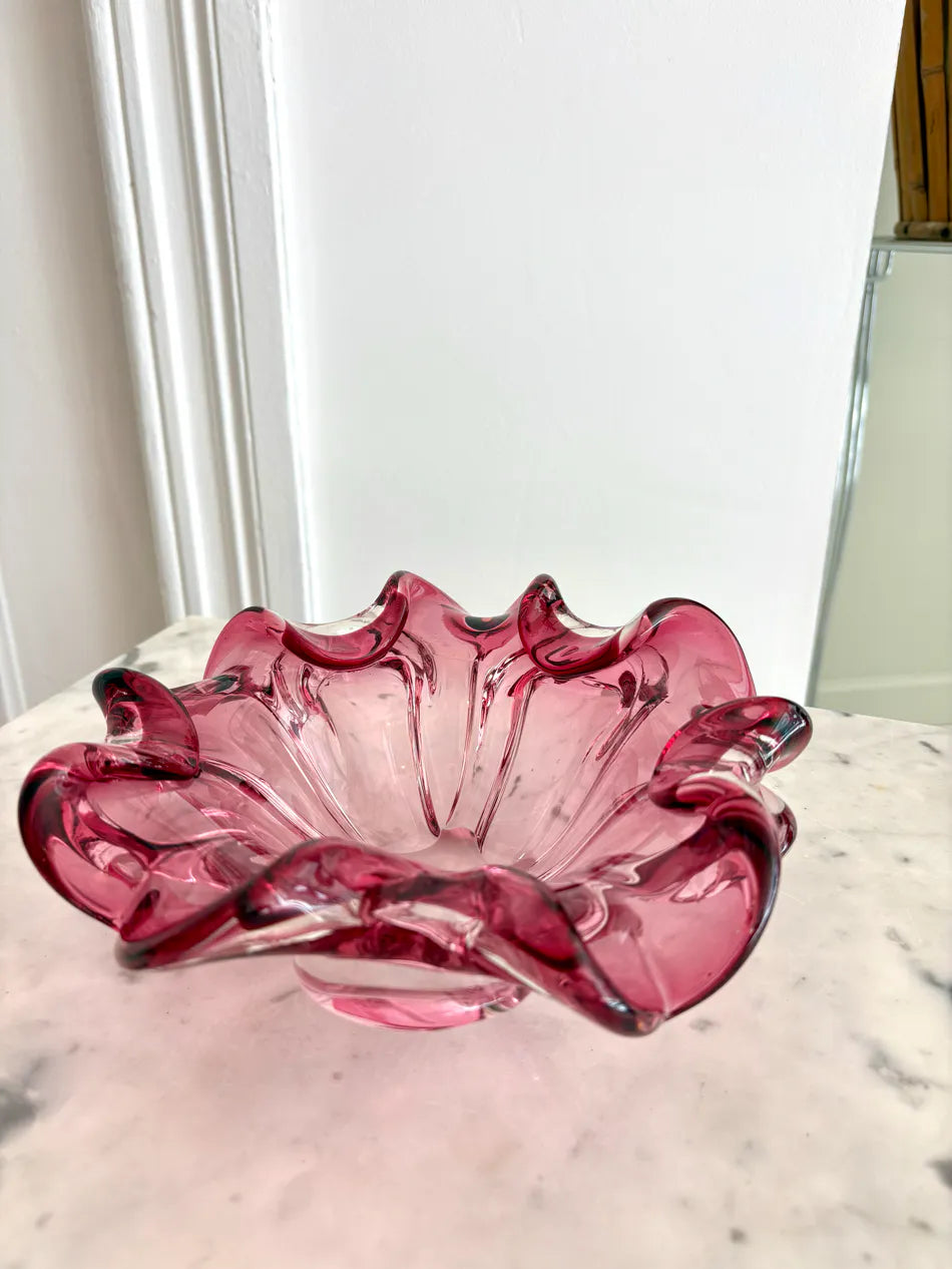 Coupe / vide-poche floral en verre de Murano rose 1960/70