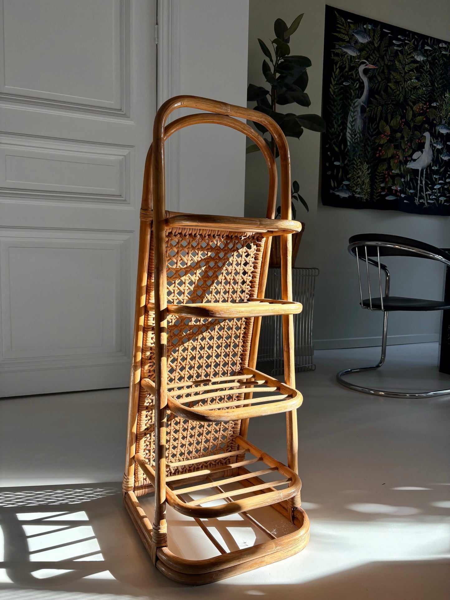 Étagère vintage en rotin et cannage – années 70